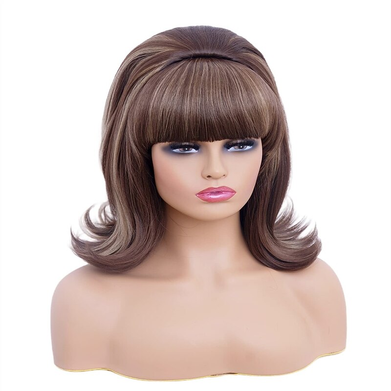 Short Brown Mixed Wig with Bang Retro Bouffant Beehive Wigs fits 80s Costume or Carnival Party Halloween Wigs3