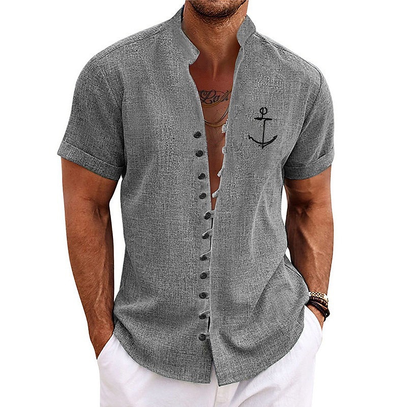 Men's Nautical Anchor Shirt Button Up Shirt Short Sleeve Fashion Streetwear Designer Outdoor Vacation Daily Summer Spring Stand Collar Print Blue Green Khaki Gray Light Blue3