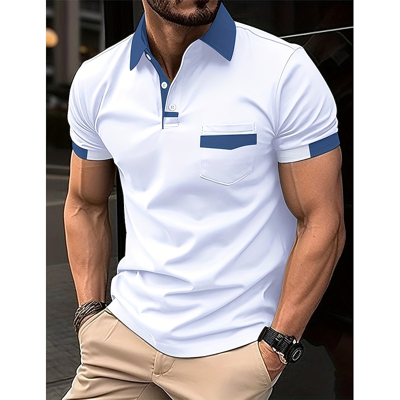 Men's Button Up Polos Polo Shirt Casual Holiday Lapel Short Sleeve Fashion Basic Plain Classic Summer Regular Fit Light Sky Blue Black White Dark Navy Brown Khaki Button Up Polos