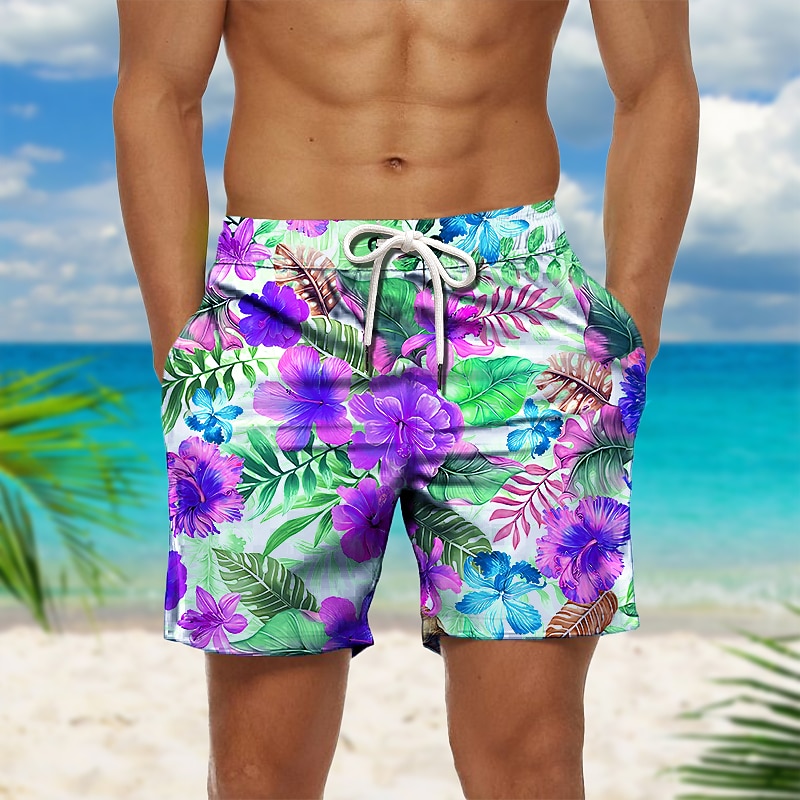 Men's Graphic Prints Flower / Floral Swim Trunks Swim Shorts Board Shorts Mid Waist Hawaiian Boho Casual Daily Holiday Drawstring with Mesh lining Elastic Waist Designer Clothing Apparel3