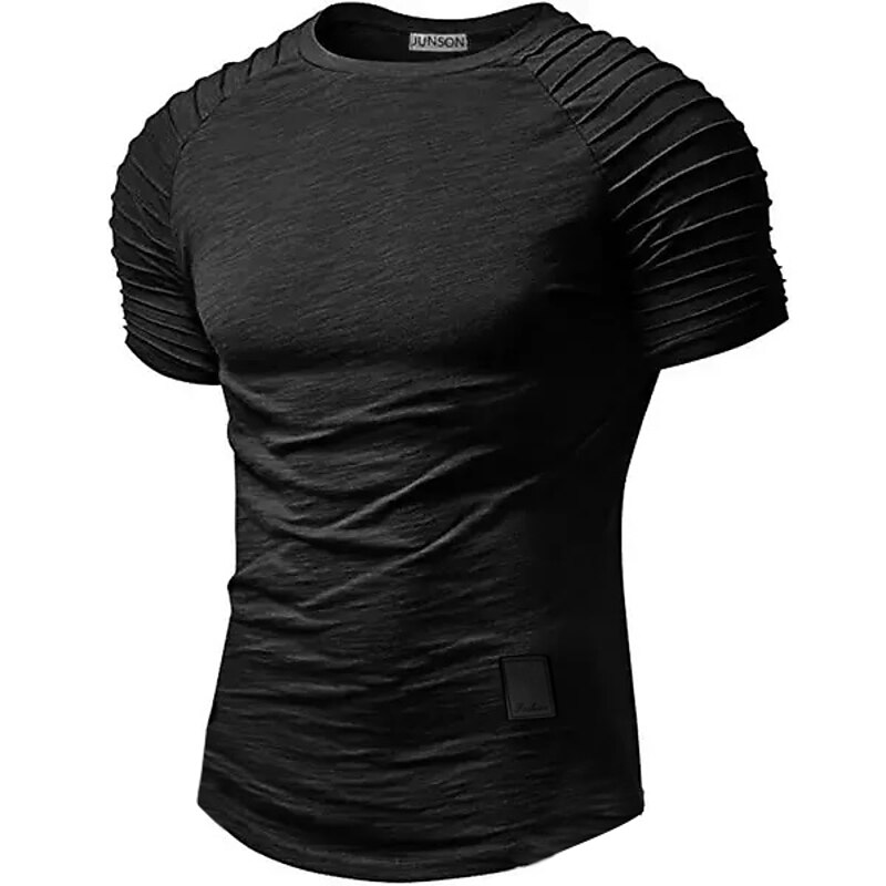 Men's T Shirt Short Sleeve Pleated Sleeve Crew Neck Summer Plain Slim Pleated Sport Designer Casual Fashion Vacation Daily Wear Going out Drak Gray White Black Top Tee for Men3