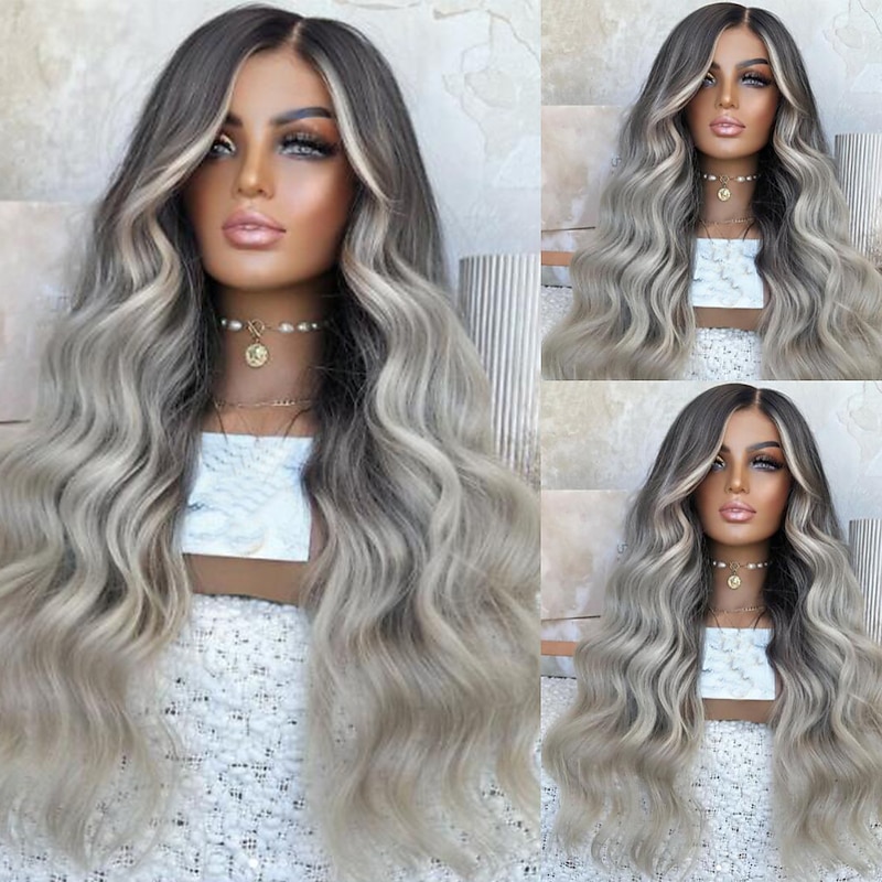 Brazilian Virgin Human Hair 13x4 Lace Front Wig with Baby Hair Pre plucked 28inch Highlight Grey Human Hair Wig for Women4
