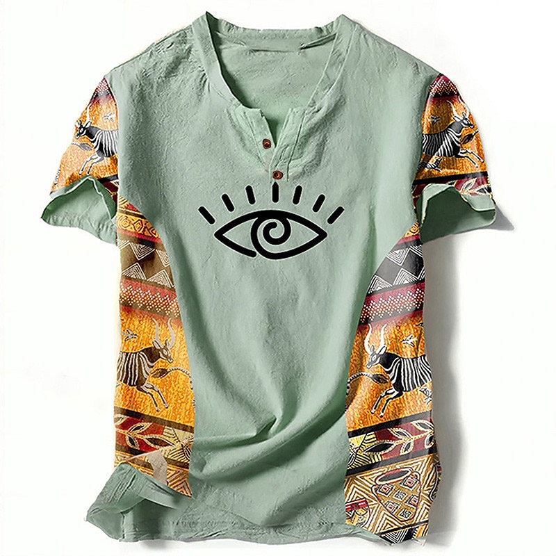 Men's Graphic Color Block Tribal T Shirt Henley Shirt Short Sleeve 3D Printing Designer Ethnic Classic Outdoor Vacation Daily Spring & Summer Blue Green Khaki Gray V Neck Henley T-Shirt3