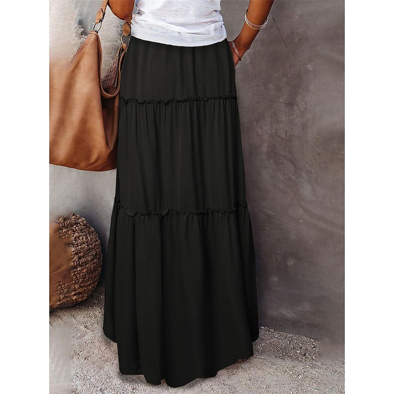 Women's Loose Skirt Maxi High Waist Skirts Ruched Ruffle Drawstring Solid Colored Street Daily Summer Polyester Cotton And Linen Fashion Casual Violet Black Yellow Red4