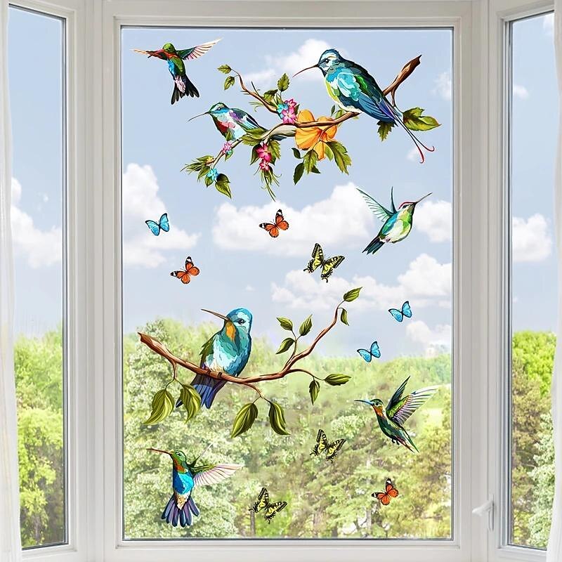 1 Set Of Hummingbird Wall Decals, Peel And Stick, Bird Flower Wall Stickers Decor, Butterfly, Plant Vinyl Glass Wall Decals For Home, Removable Stickers For Bedroom, Window2