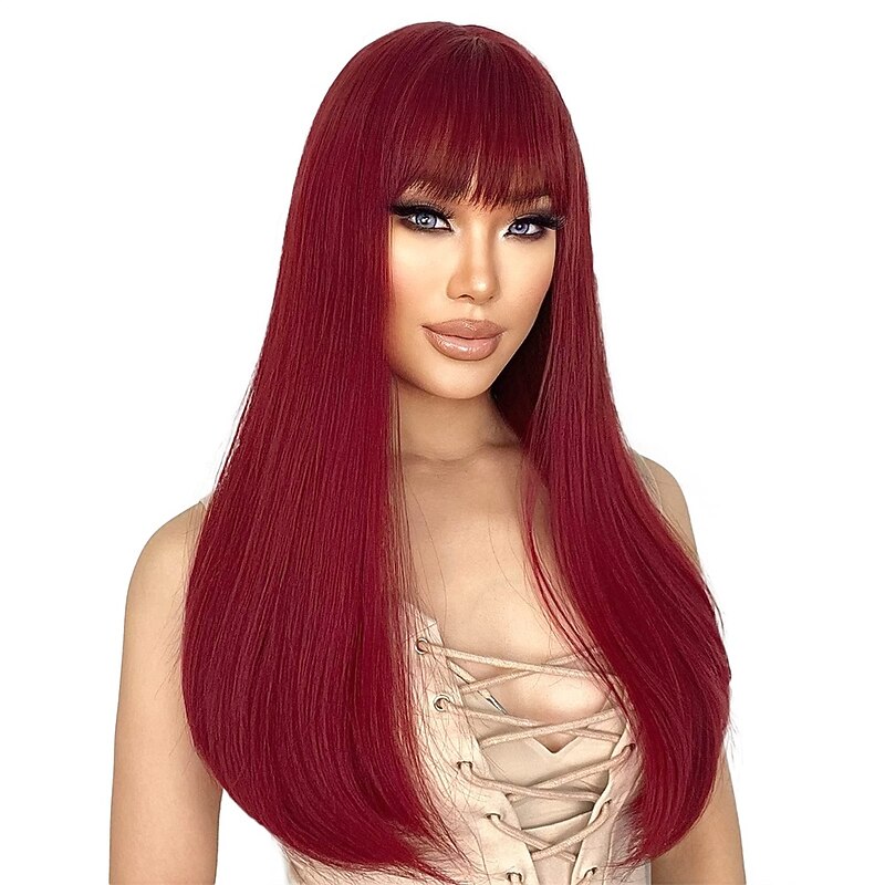 Red Wigs for Women Long Straight Wig with Bangs Synthetic Burgundy Wig Colored Cosplay Wig for Girls Daily Party Use 22 Inch Halloween Wigs2