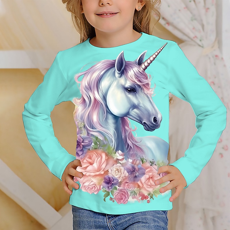 Girls' 3D Graphic Cartoon Unicorn T shirt Tee Long Sleeve 3D Print Summer Spring Fall Active Fashion Cute Kids 3-12 Years Outdoor Casual Daily Regular Fit4