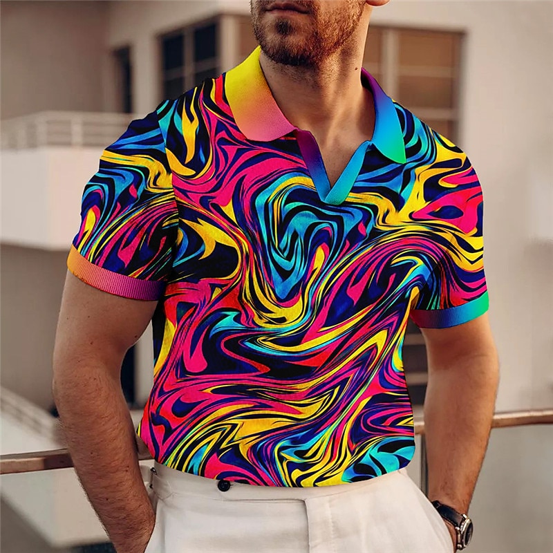 Men's Graphic Polo Shirts Golf Shirt Short Sleeve Polo Shirts V Neck Casual Vacation Wear Rave Wear Party Outfits 3D Print Yellow Red Blue