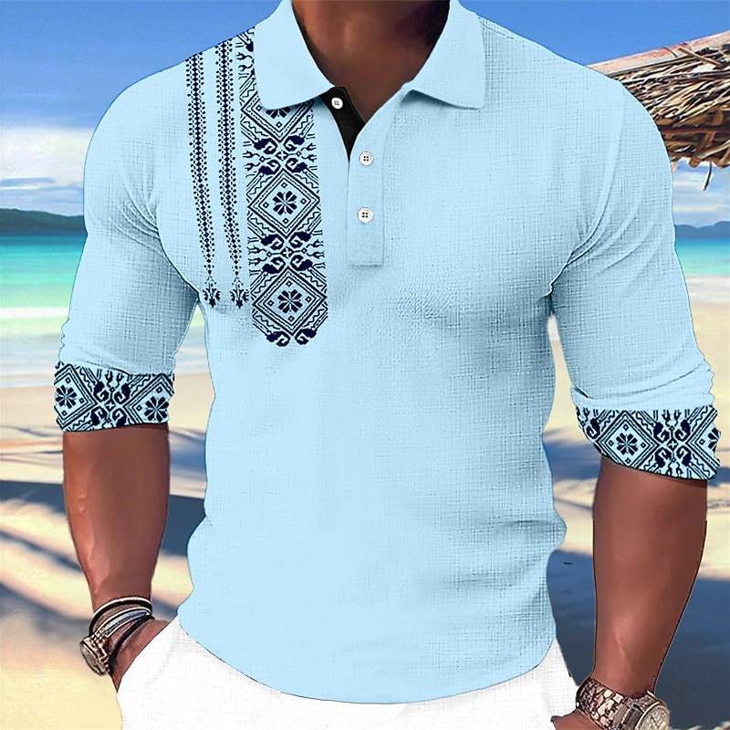 Men's Tribal Hawaiian Polo Shirts Golf Shirt Long Sleeve Polo Shirts Collared Shirts Vintage Casual Beach Wear Vacation Wear Tropical Wear Party Outfits 3D Print Buttons Blue-Green White Blue2