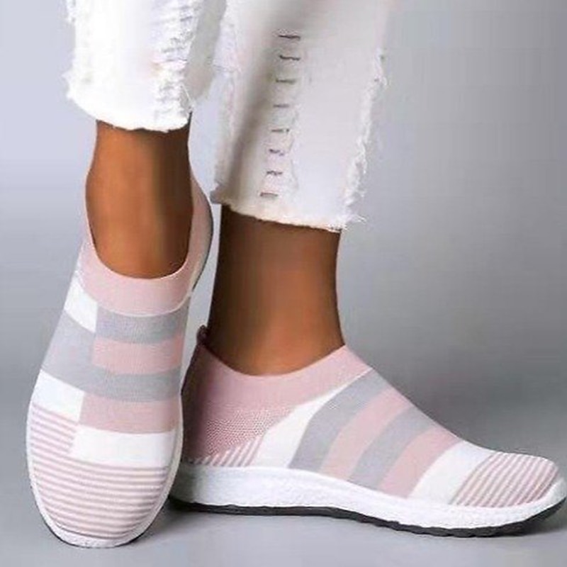 Women's Casual Slip-On Breathable Pink and Gray Striped Sneakers - Comfortable Walking Shoes