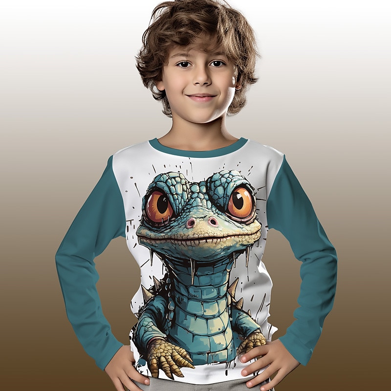 Boys 3D Graphic Cartoon Crocodile T shirt Tee Long Sleeve 3D Print Summer Spring Fall Sports Fashion Streetwear Kids 3-12 Years Outdoor Casual Daily Regular Fit