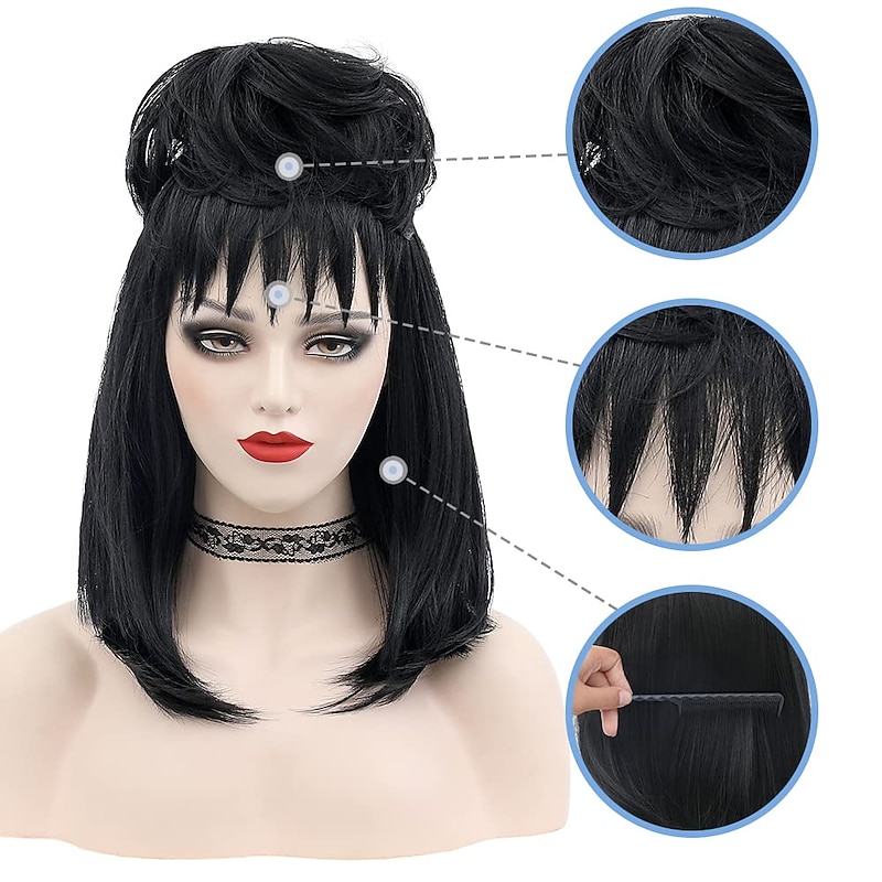 Beetlejuice 2 Lydia Deetz Cosplay Costume Party Wig Bride Fluffy Buns Curly Women'S Black Medium Long Straight Beetle Wig With Bangs Carnival Costume Accessories Halloween Wigs4