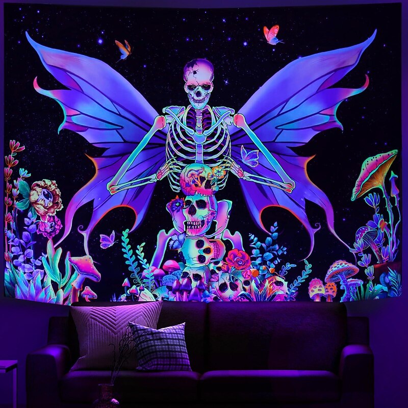 Halloween Skull Blacklight Tapestry UV Reactive Skeleton Butterfly Trippy Misty Mushroom Floral Hanging Tapestry Wall Art Mural for Living Room Bedroom Halloween Decorations2