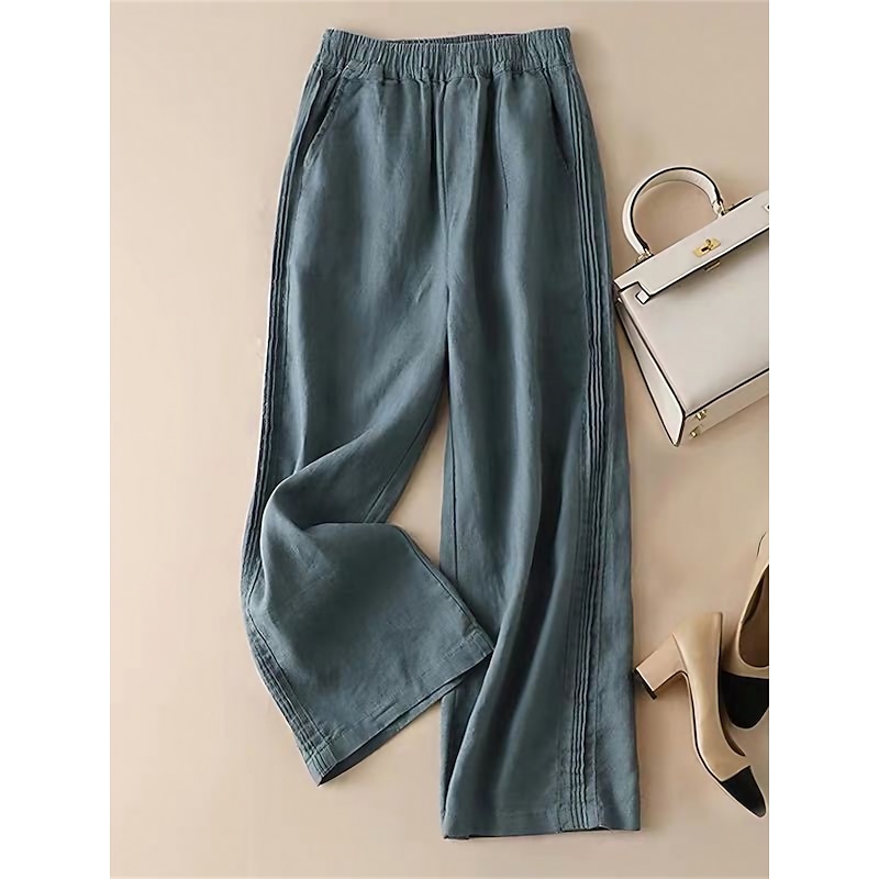 Women's Wide Leg Pants Trousers Baggy Pants Fashion Streetwear Full Length High Waist Plain Pocket Elastic Waist Baggy Breathability Comfortable Micro-elastic Vacation Street Casual rice white