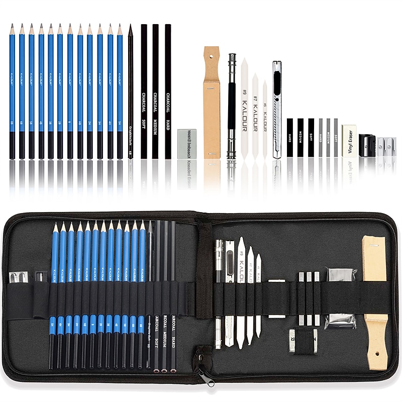 Bview Art 32 Pack Drawing Pencils Set, Professional Drawing Art Kit With Sketch Pencils, Graphite Charcoal Sticks In Portable Case, Drawing Supplies For Kids Adults Artists