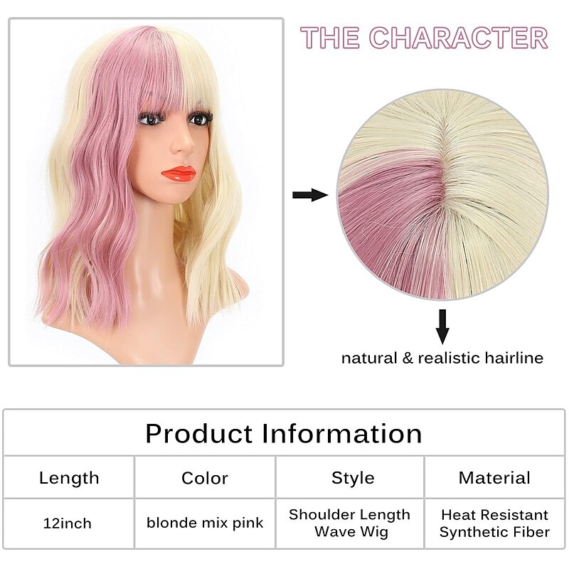 Short Blonde Wig Highlight Pink Wigs With Bangs Women's Blonde Mixed Pink Bob Wig Curly Wavy Synthetic Cosplay Wig Shoulder Length Wig for Girl's Halloween Cosplay Party Wigs3