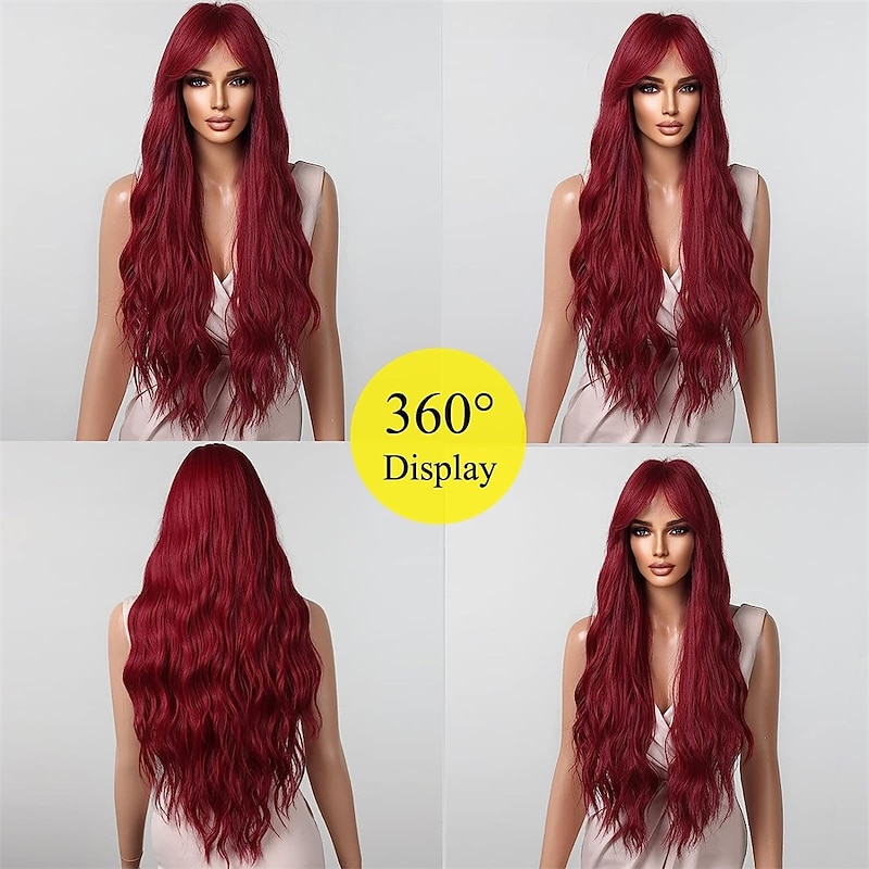 Red Wigs for Women Cosplay Long Natural Wavy Party Synthetic Hair Wig with Bangs3