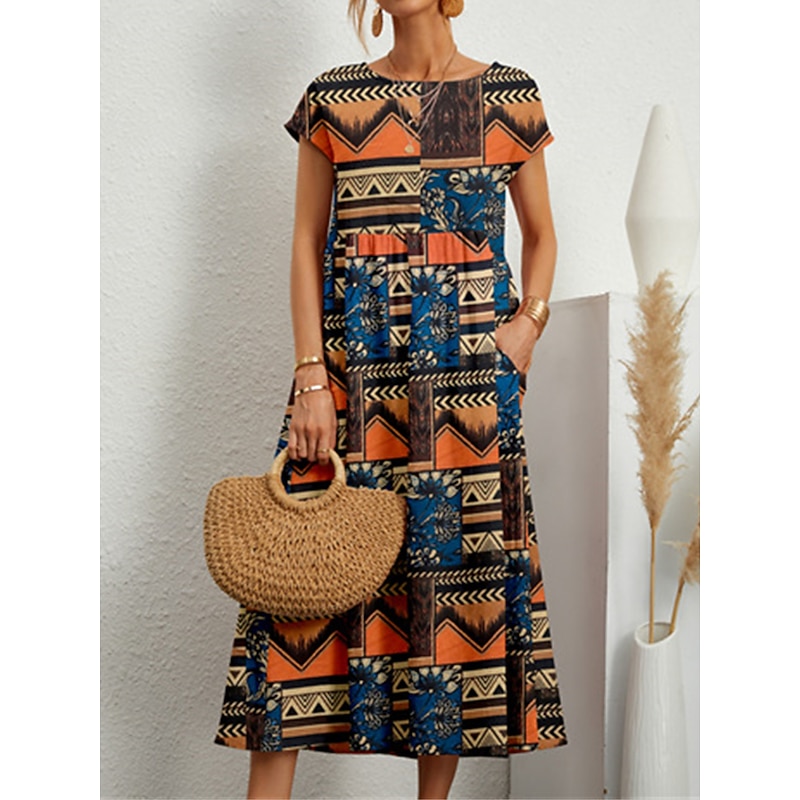 Women's Black Yellow Summer Spring Midi Dress Linen-Inspired Dresses Casual Dress Fashion Ethnic Style Casual Outdoor Vacation Daily Loose Fit Geometric Flower Crew Neck