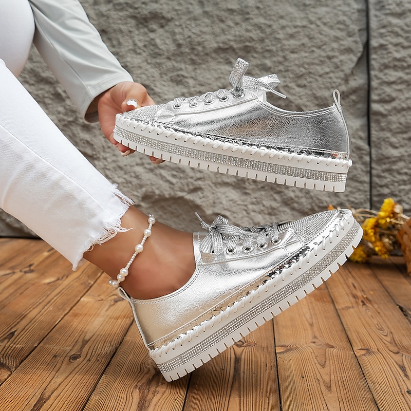 Women's Sneakers Flats Bling Bling Shoes Plus Size Platform Sneakers Party Outdoor Daily Solid Color Summer Rhinestone Flat Heel Round Toe Fashion Casual Minimalism PU Lace-up White Silver 14