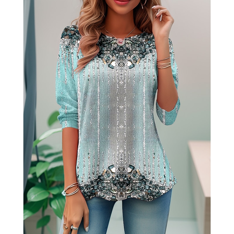 Women's T shirt Crew Neck Long Sleeve Tunic Graphic Daily Basic Round Neck Regular Tops Daily Weekend Print Red Blue Purple Green Light Blue Fall & Winter