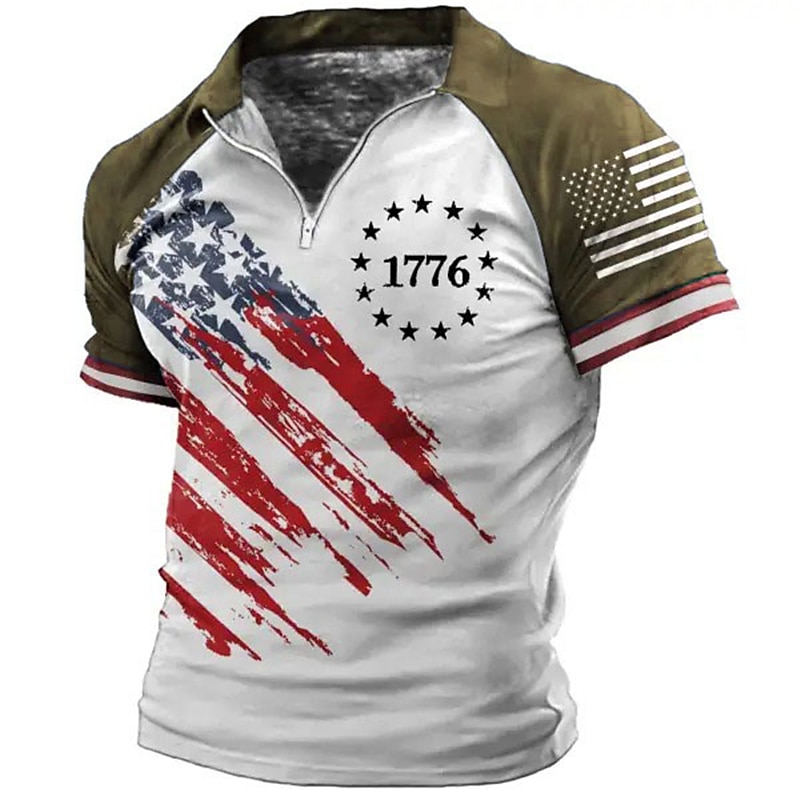 Men's Graphic Prints American Flag Veterans Patriotic Polo Shirts Zip Polo Golf Shirt Short Sleeves Shirt Turndown Outdoor Street Black Wine Blue Brown Zipper Print Clothing Apparel Fashion Designer2