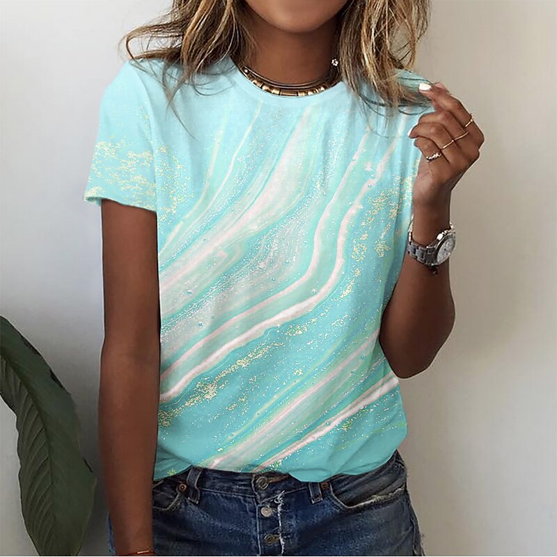 Women's T Shirt Basic Neon & Bright Print Short Sleeve Regular Tops Round Neck Daily Weekend Pink Blue Green3