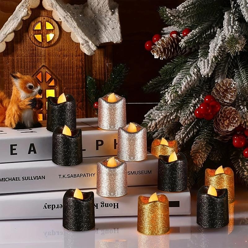 12pcs Flickering Flameless Candles Light Shiny Glitter Votive Candles LED Tea Lights Decoration for Christmas/Halloween Holidays Wedding Outdoor Table Party Festival2
