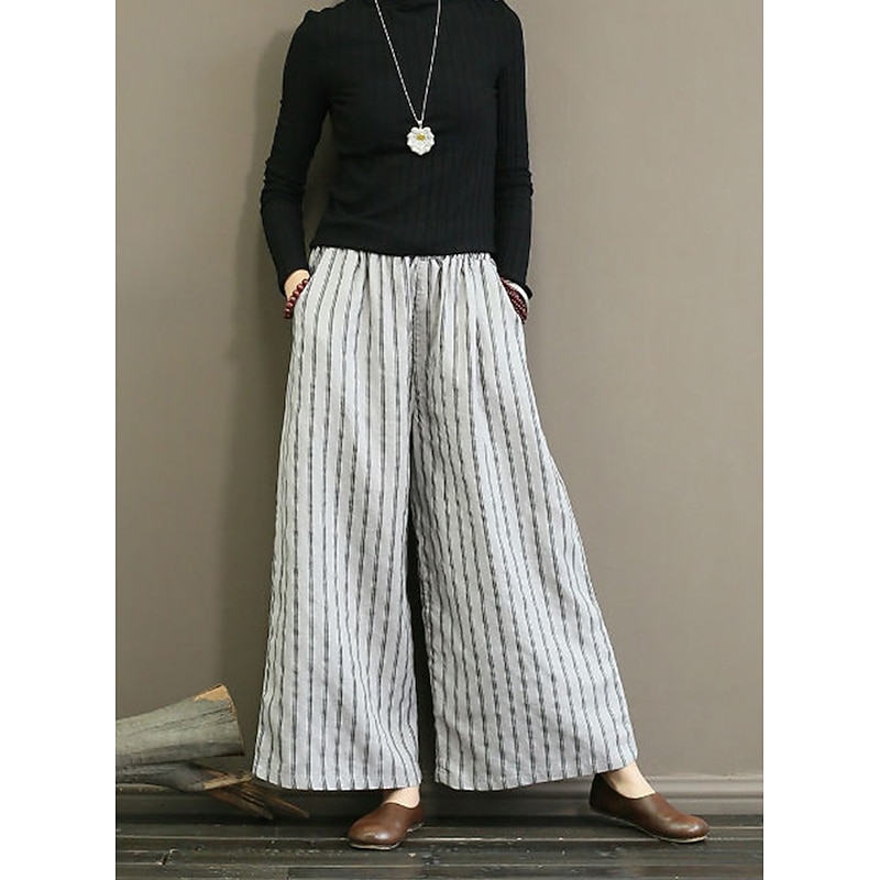 Women's Wide Leg Chinos Pants Trousers Vintage Fashion Lightweight Full Length Mid Waist Striped Pocket Elastic Waist Baggy Breathability Comfortable Micro-elastic Vacation Casual Daily Black White2