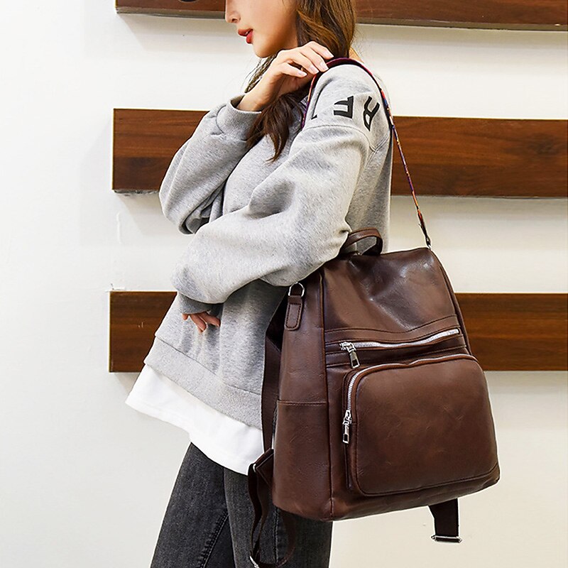 Women's Backpack School Bag Bookbag Commuter Backpack School Daily Solid Color PU Leather Large Capacity Waterproof Lightweight Zipper Coffee color Black Red3