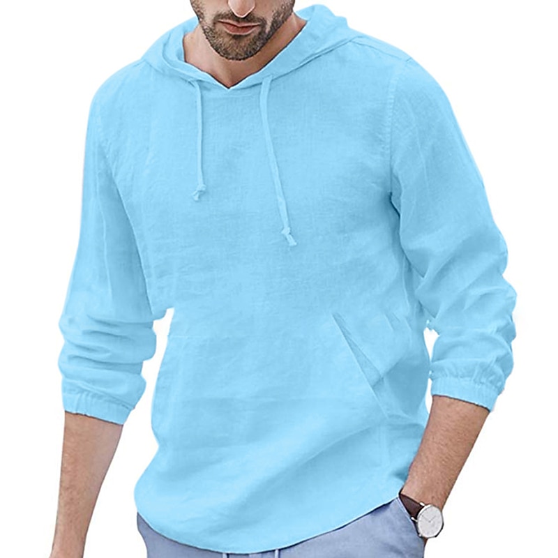 Men's Linen Shirt Cotton Linen Shirt Summer Shirt Beach Shirt Plain Hawaiian Holiday Black White Blue Long Sleeve Hooded Spring & Summer Clothing Apparel Basic