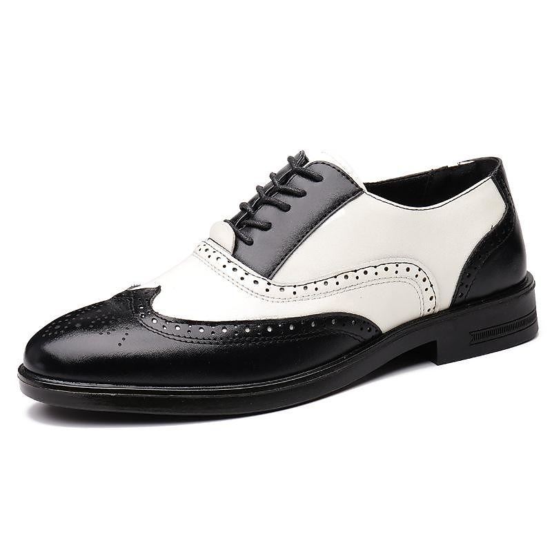 Men's Black and White Wingtip Oxford Brogue Shoes – Vintage Two-Tone Lace-Up Dress Shoes for Formal Events and Retro Style