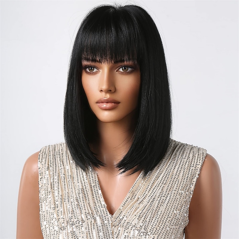 Black Bob Wigs For Women Short Bob Wigs With Bangs Straight Wigs For Daily Use Hair Replacement Natural Hair Looking For Girl Daily Use4