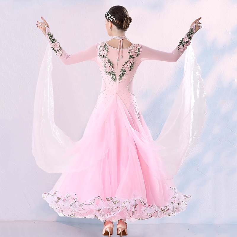 Ballroom Dance Dress Floral Print Ruffle Women's Performance Long Sleeve Natural Tulle2