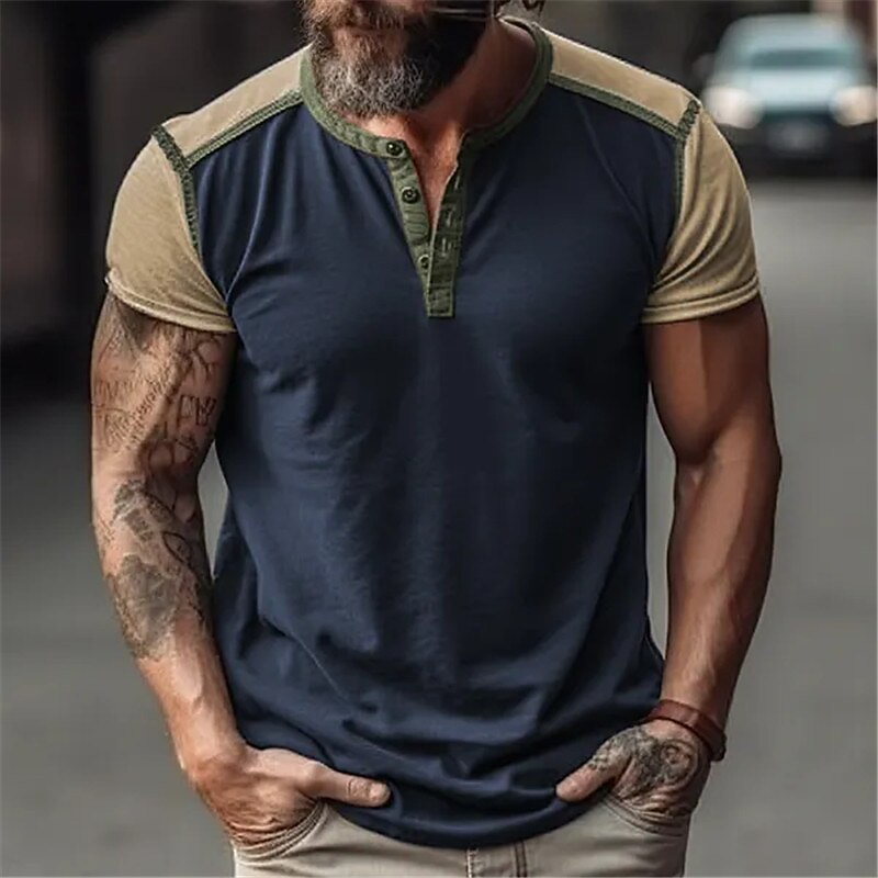 Men's Button T Shirt T Shirt Tee Top Short Sleeves Crew Neck Summer Color Block Fashion Designer Basic Patchwork Vacation Street Going out Navy Blue Top Tee for Men
