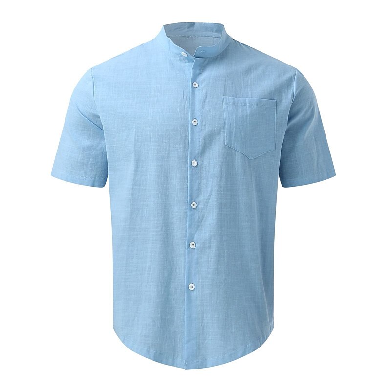 Men's Shirt Chinese Collar Shirt Mandarin Collar Shirt Summer Shirt Casual Shirt Beach Shirt White Navy Blue Sky Blue Green khaki Short Sleeve Plain Grandad Collar Band Collar Vacation Daily Front