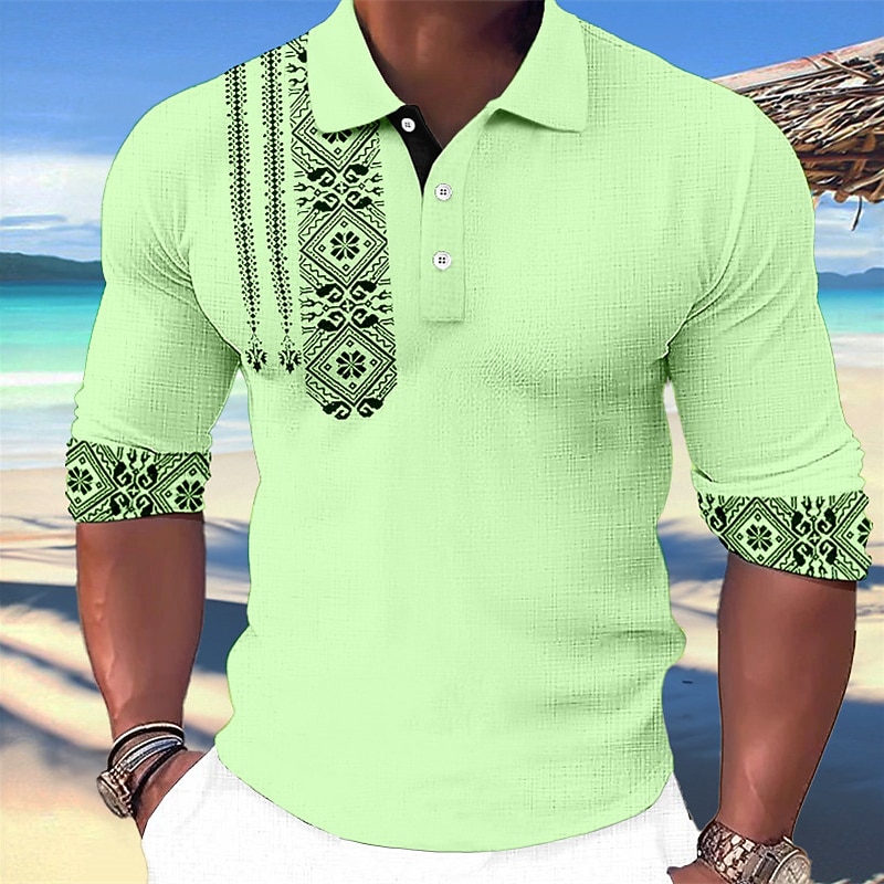 Men's Tribal Hawaiian Polo Shirts Golf Shirt Long Sleeve Polo Shirts Collared Shirts Vintage Casual Beach Wear Vacation Wear Tropical Wear Party Outfits 3D Print Buttons Blue-Green White Blue4