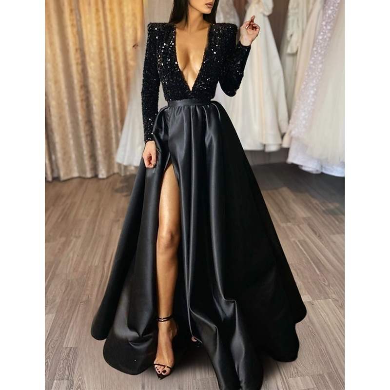 A-Line Evening Gown Sparkle & Shine Dress Formal Wedding Court Train Half Sleeve V Neck Satin with Sequin Slit Masquerade Dress2