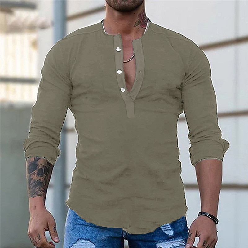 Men's Shirt Linen Shirt Summer Shirt Cotton Linen Shirt Long Sleeve Shirt Plain Street Sports Black Red Green Long Sleeve Henley Spring &  Fall Clothing Apparel Button-Down3
