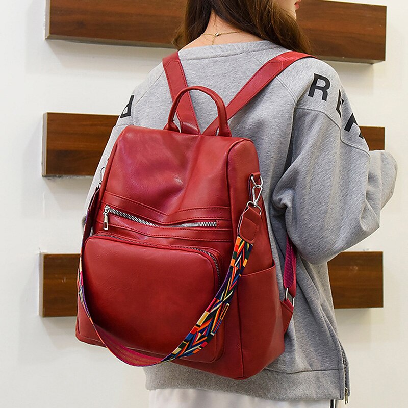 Women's Backpack School Bag Bookbag Commuter Backpack School Daily Solid Color PU Leather Large Capacity Waterproof Lightweight Zipper Coffee color Black Red2