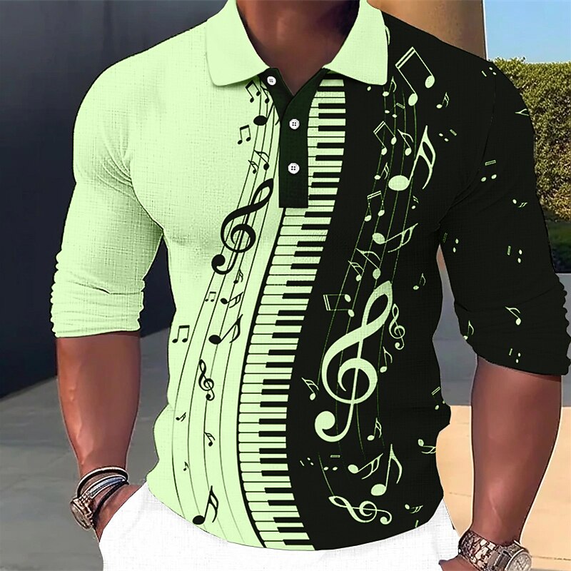 Music Festival Men's Music Hawaiian Polo Shirts Golf Shirt Long Sleeve Polo Shirts Collared Shirts Casual Beach Wear Vacation Wear Party Outfits 3D Print Buttons White Blue Green4