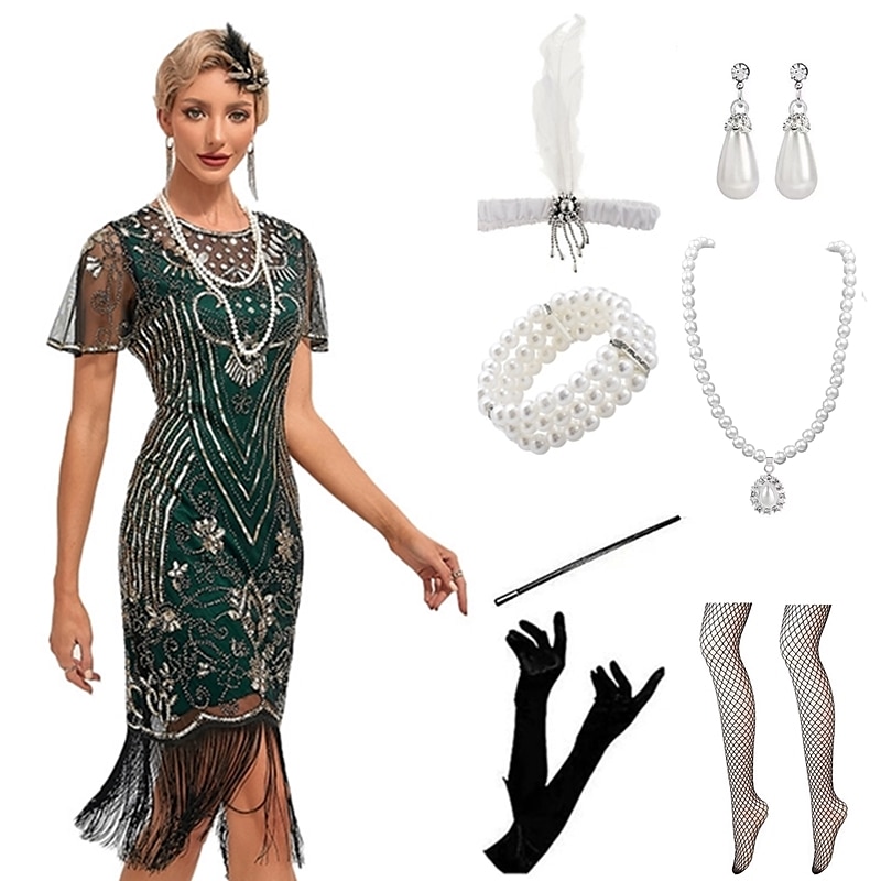 Roaring 20s Vintage Inspired The Great Gatsby Short Length Outfits Party Costume Masquerade Illusion Sleeve The Great Gatsby Wedding Guest Sequins Tassel Fringe Sequin Tassel Round Neck Fancy Dress