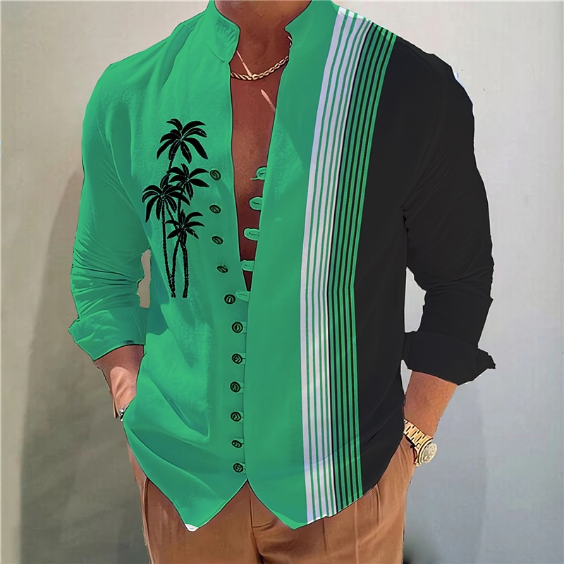 Men's Coconut Tree Striped Tropical Plants Shirt Summer Hawaiian Shirt Aloha Shirt Long Sleeve Shirt Stand Collar Fashion Streetwear Designer Outdoor Street Casual Light Green Light Brown Blue S M L2