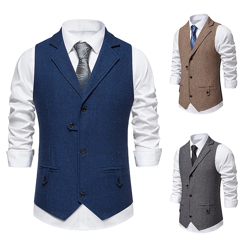 Men's Vest Waistcoat Business Evening Party Valentine's Day Vintage Fashion Spring &  Fall Button Polyester Comfortable Plain Single Breasted Lapel Regular Fit Blue Dark Gray Brown Vest