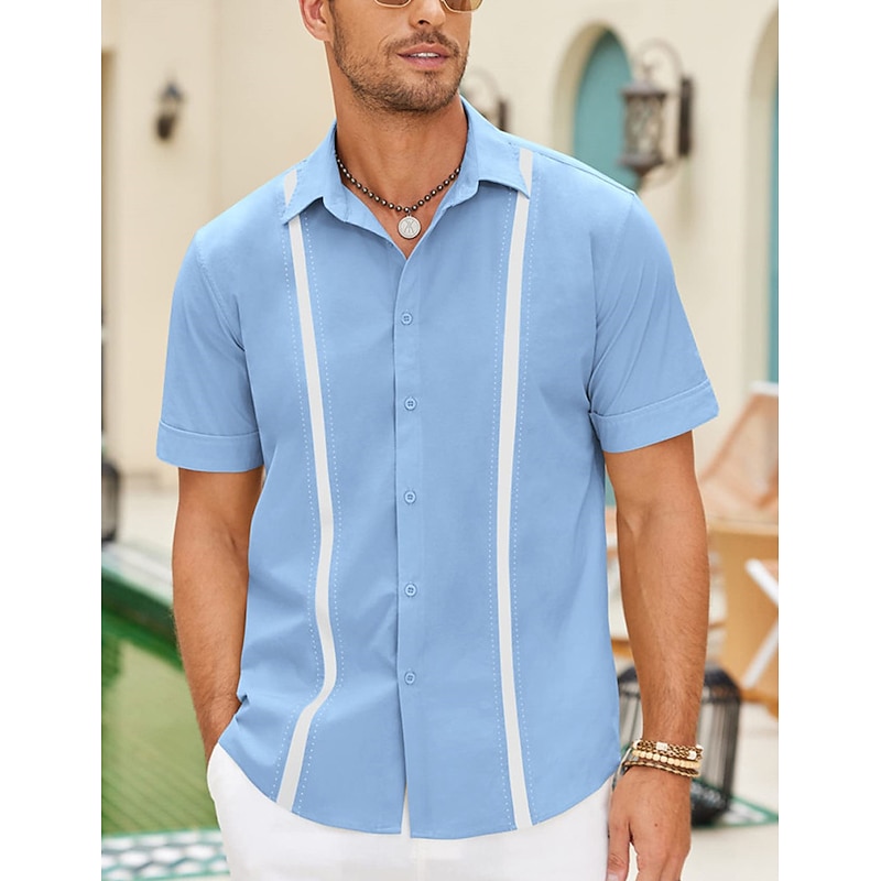 Men's Shirt Linen Shirt Guayabera Shirt Summer Shirt Beach Shirt Button Up Shirt Color Block Vacation Casual Navy Blue Blue Khaki Short Sleeve Turndown Summer Clothing Apparel