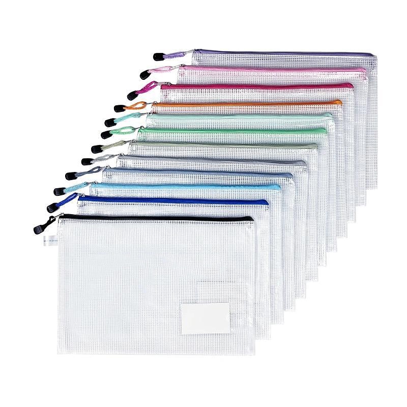 12pcs PVC Stationery Storage Bag Folder File Mesh Zipper Pouch A4 A5 Document Bag File Folders School Office Supplies（Random Color）