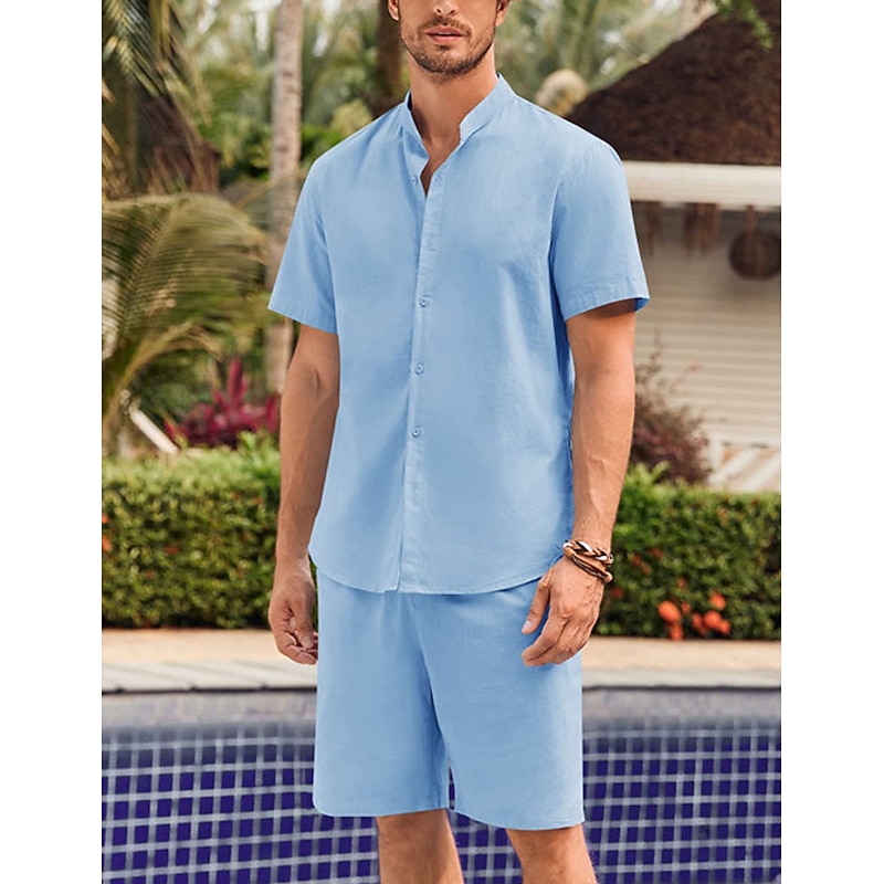 Men's 2 Piece Shirt Set Button Up Shirt Casual Shirt Summer Shirt Black White Blue Gray Short Sleeve Plain Collar Daily Vacation Clothing Apparel Fashion Casual Comfortable