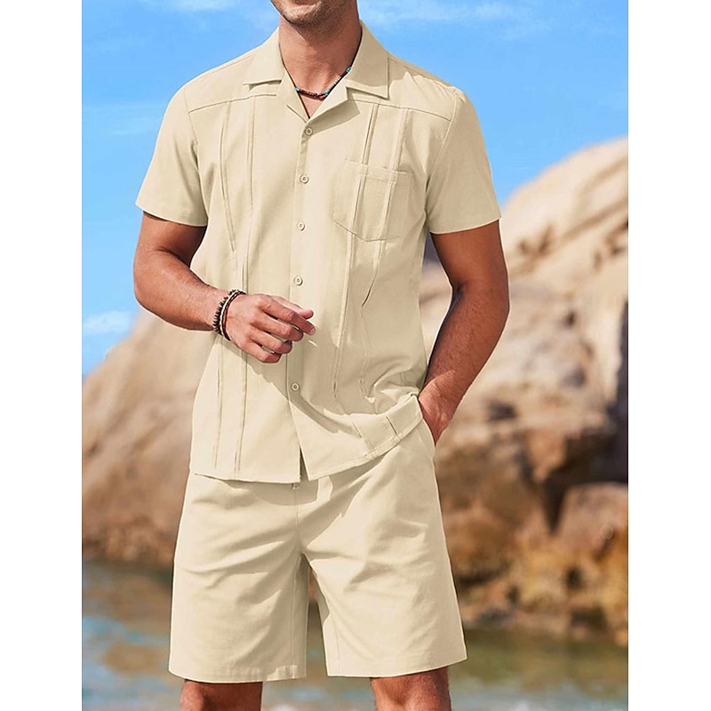 Men's Guayabera Shirt 2 Piece Shirt Set Casual Shirt Summer Shirt Black White Blue khaki Short Sleeve Plain Camp Collar Daily Vacation Front Pocket Clothing Apparel Fashion Casual Comfortable2