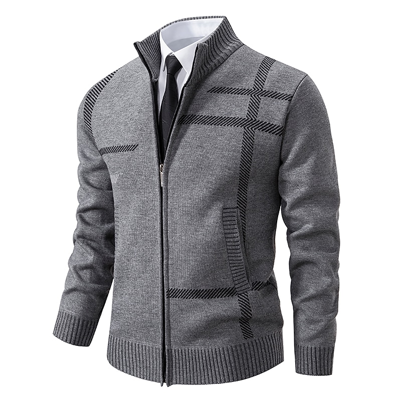 Men's Sweater Cardigan Sweater Dress Sweater Ribbed Knit Regular Knitted Stand Collar Warm Ups Modern Contemporary Daily Wear Going out Clothing Apparel Fall & Winter Light Grey Dark Grey S M L4