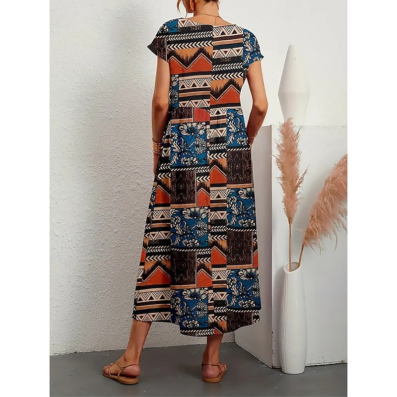 Women's Black Yellow Summer Spring Midi Dress Linen-Inspired Dresses Casual Dress Fashion Ethnic Style Casual Outdoor Vacation Daily Loose Fit Geometric Flower Crew Neck2