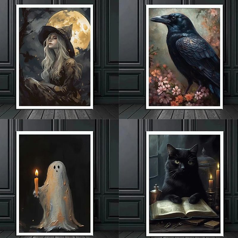 Halloween Wall Art Canvas Victoria Crow Witch Ghost  Prints and Posters Abstract Portrait Pictures Decorative Fabric Painting For Living Room Pictures No Frame